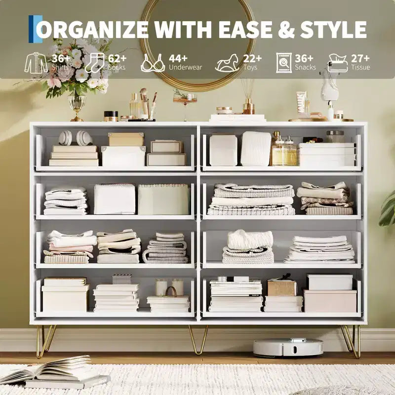 Cassettiera scanalata per camera da letto con 8 cassetti, comò moderno con maniglia in metallo, cassettiera in legno, organizer per soggiorno