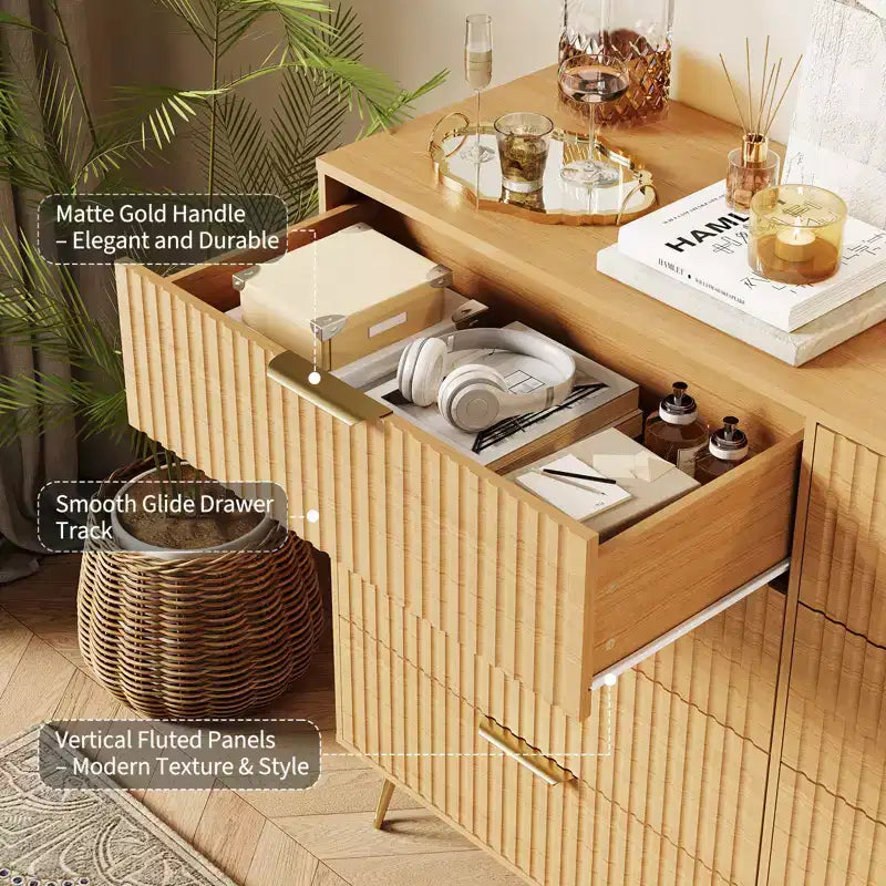 Cassettiera scanalata per camera da letto con 8 cassetti, comò moderno con maniglia in metallo, cassettiera in legno, organizer per soggiorno