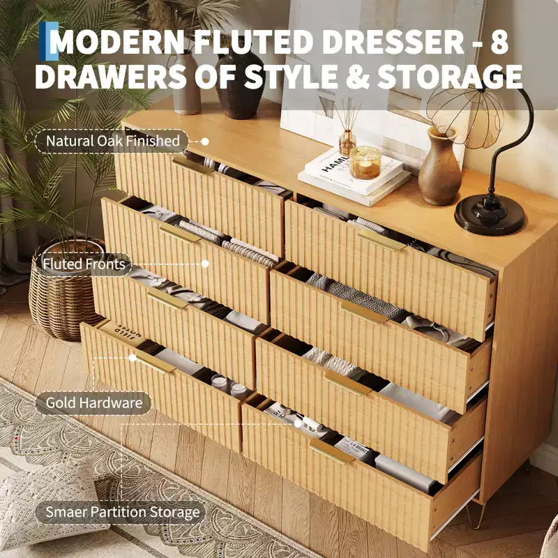 Cassettiera scanalata per camera da letto con 8 cassetti, comò moderno con maniglia in metallo, cassettiera in legno, organizer per soggiorno