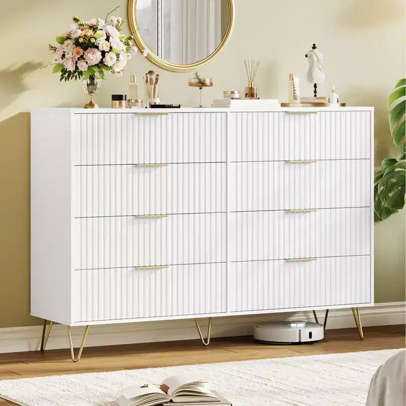 Cassettiera scanalata per camera da letto con 8 cassetti, comò moderno con maniglia in metallo, cassettiera in legno, organizer per soggiorno