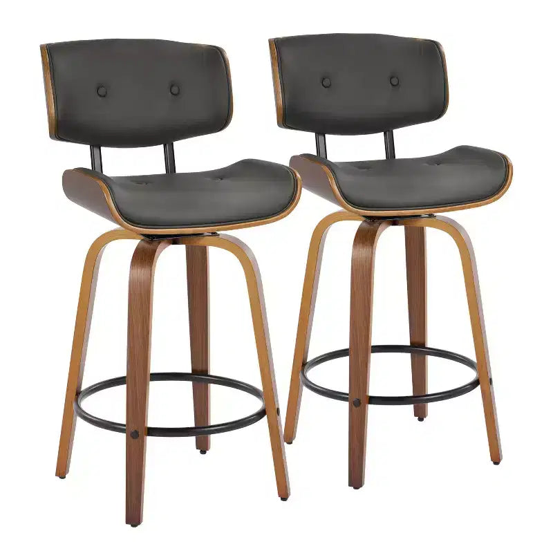 LumiSource Set of 2 Lombardi Counter Height Barstools Walnut/Black/Gray PU: Mid-Century Modern Swivel, Footrest