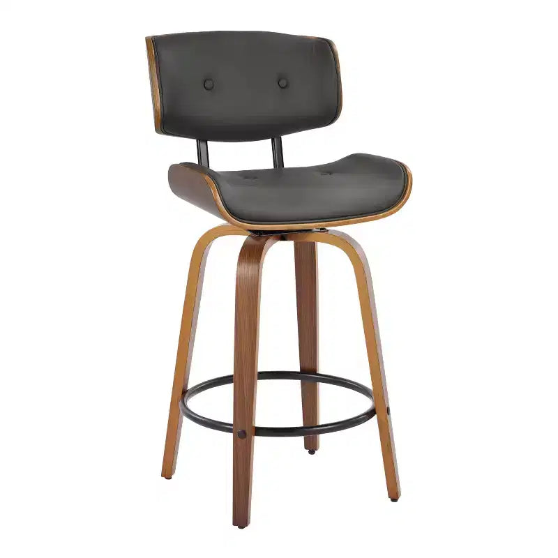 LumiSource, Set di 2 sgabelli da bar Lombardi altezza bancone, noce/nero/PU grigio: girevoli, poggiapiedi, design moderno di metà secolo