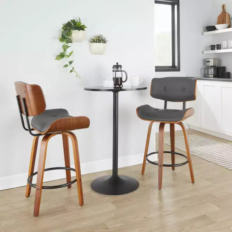 LumiSource, Set di 2 sgabelli da bar Lombardi altezza bancone, noce/nero/PU grigio: girevoli, poggiapiedi, design moderno di metà secolo