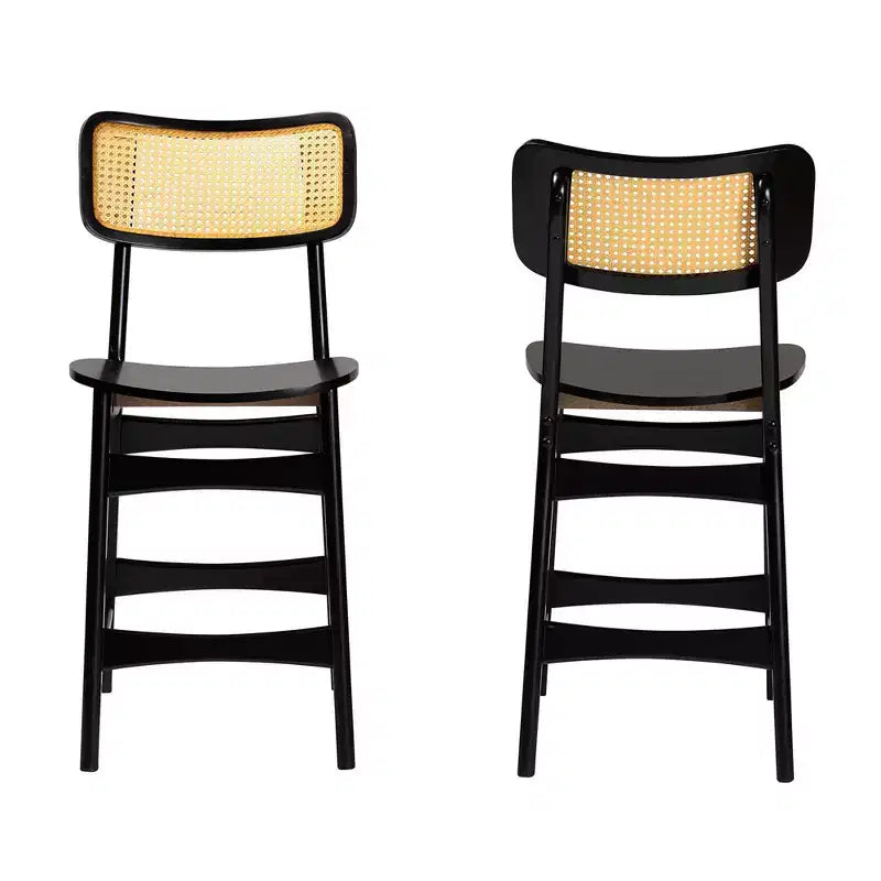 Baxton Studio Tafari Wood and Rattan 2pc Counter Height Barstool Set Dark Brown/Light Brown: Mid-Century, Ergonomic Footrest