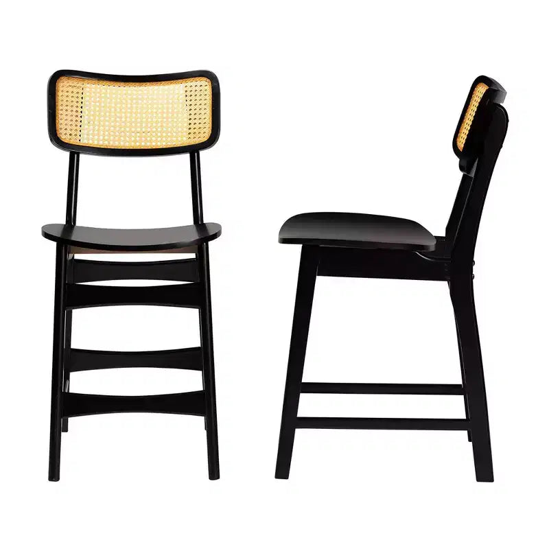 Set 2 Sgabelli da Bancone Baxton Studio Tafari in Legno e Rattan Marrone Scuro/Marrone Chiaro: Metà Secolo, Poggiapiedi Ergonomico