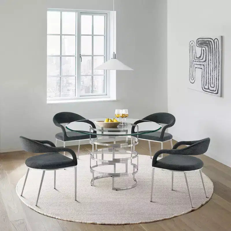 Set di 2 sedie da pranzo Armen Living Morgan rivestite in tessuto e acciaio inossidabile spazzolato, colore carbone