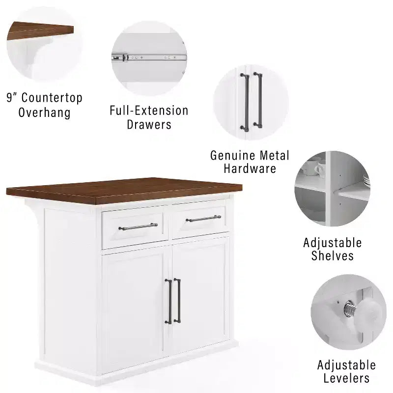 Crosley 42" Bartlett Isola Cucina con Piano in Legno e Sgabelli X-Back Bianco/Nero: Stile Farmhouse, Ripiani Regolabili