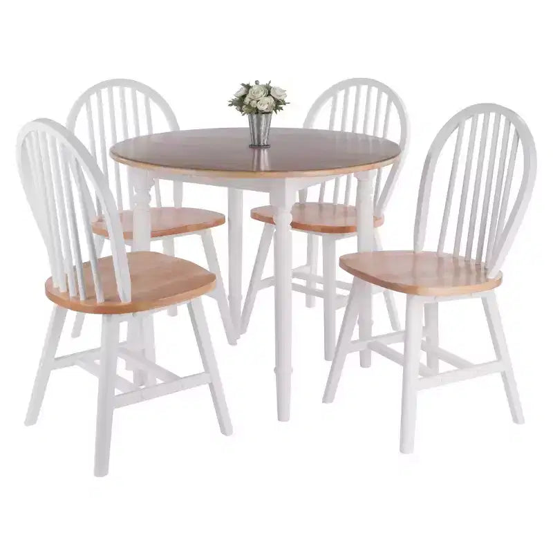 Set tavolo da pranzo Sorella 5 pezzi Naturale/Bianco - Winsome: Foglia a goccia rotonda, Legno massello, 4 sedie Windsor