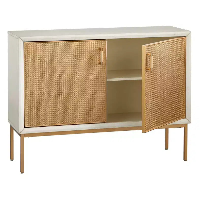Madia Buylateral Lati con ante in rattan, Bianco Antico/Naturale: Credenza in stile Glam, Mensole Regolabili
