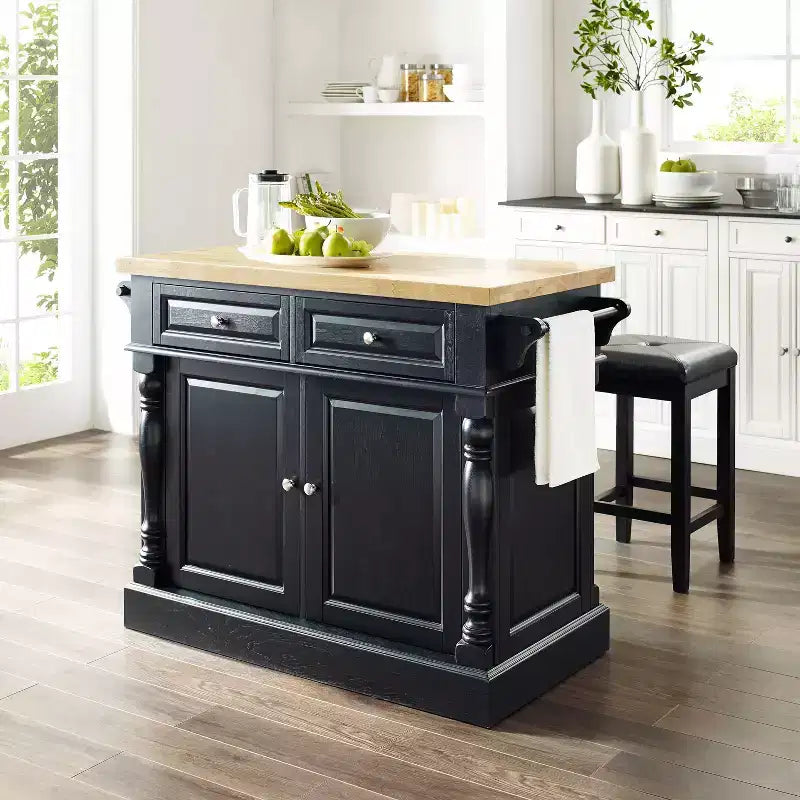 Isola da cucina Oxford con sgabelli a seduta quadrata neri - Crosley: vano contenitore passante, portasciugamani