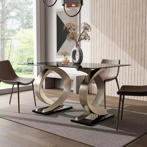 Tavolo da pranzo rettangolare moderno Gleneagles 58" con piano in vetro - HOMES: Inside + Out: Bordo smussato, base a doppio piedistallo