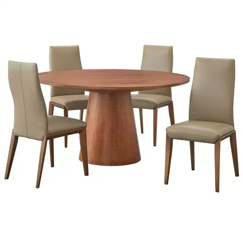 Buylateral Nelda 5pc 59" Modern Round Dining Set Driftwood Table with Taupe Leather Dining Chairs