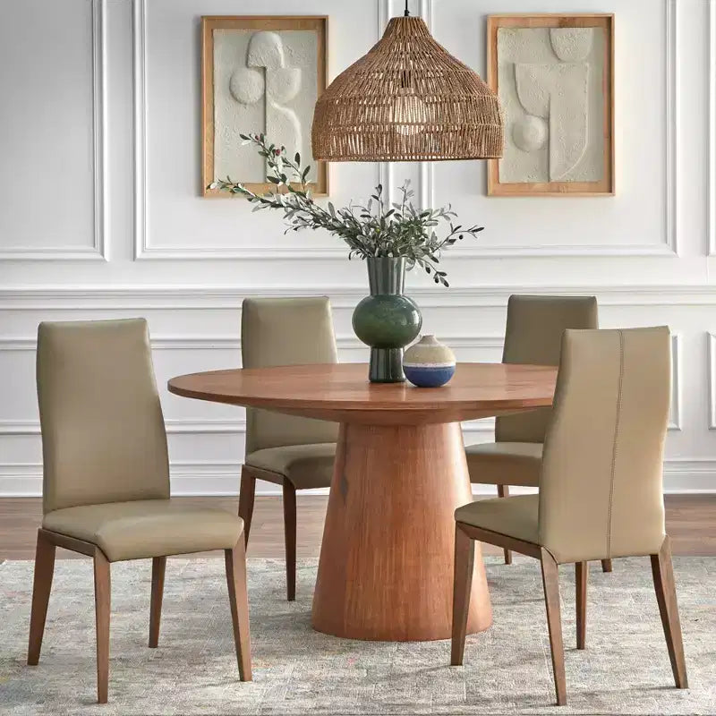 Set da pranzo rotondo moderno Buylateral Nelda 5 pezzi 59" con tavolo effetto legno e sedie da pranzo in pelle color tortora