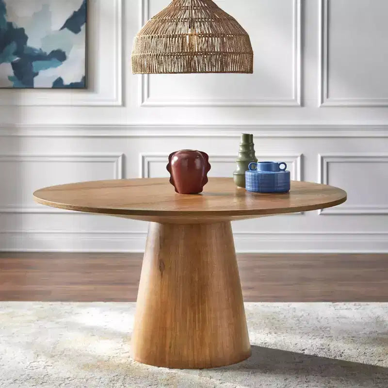 Set da pranzo rotondo moderno Buylateral Nelda 5 pezzi 59" con tavolo effetto legno e sedie da pranzo in pelle color tortora