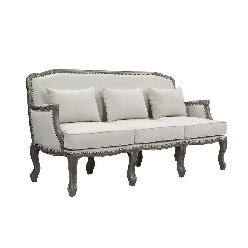 Divano Tania 76" in Lino Color Crema, Finitura Marrone, Dettagli Intagliati - Acme Furniture: Nessun Montaggio, Borchie Decorativethe