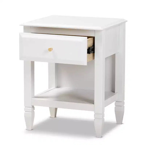 Comodino camera da letto 1 cassetto Naomi in legno bianco/oro - Baxton Studio: Comodino glamour con pomello e ripiano color oro