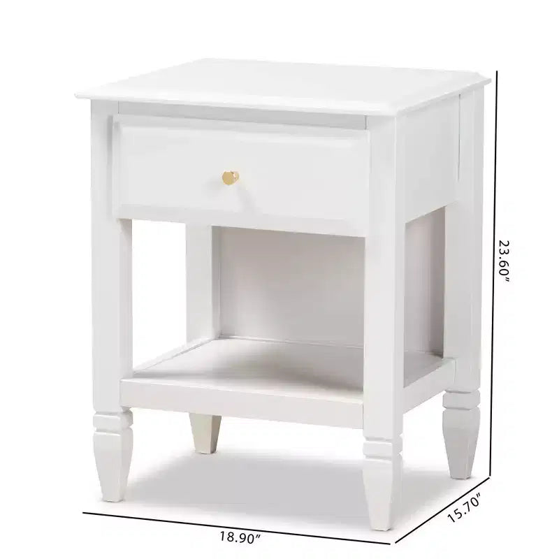 Comodino camera da letto 1 cassetto Naomi in legno bianco/oro - Baxton Studio: Comodino glamour con pomello e ripiano color oro
