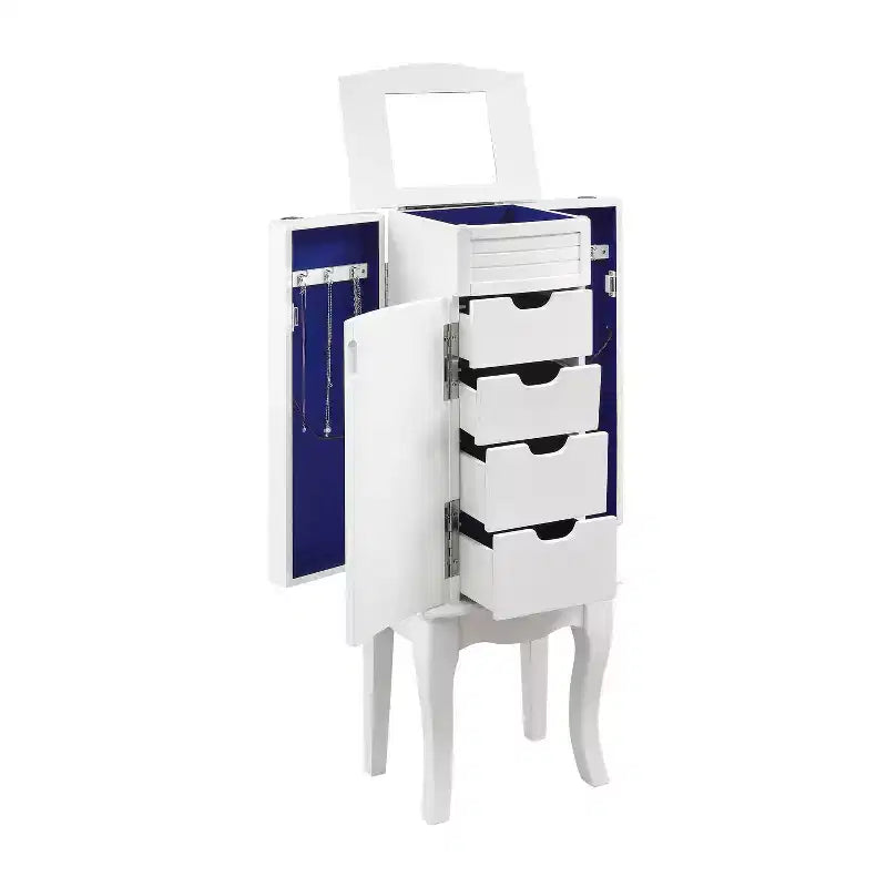 Muriel Mobile Portagioie Moderno in Legno Massello con 4 Cassetti Foderati e 3 Scomparti con Coperchio a Ribalta Finitura Bianca - Powell