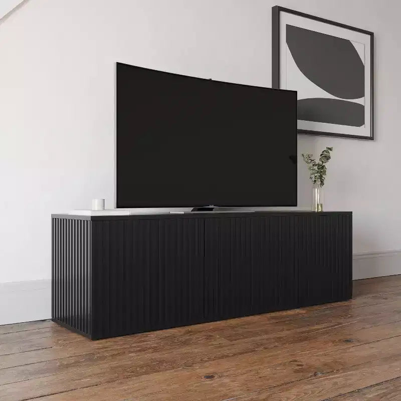 Mobile TV Trelisse di Nexera per TV fino a 60", colore nero: mobile multimediale moderno con ante, in composito di legno