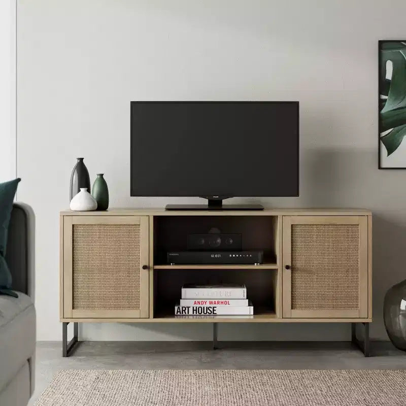 Nathan James 47" Mina, mobile TV in rattan e legno a 2 ante, per TV fino a 59", rovere chiaro/nero opaco: Consolle multimediale con vano portaoggetti