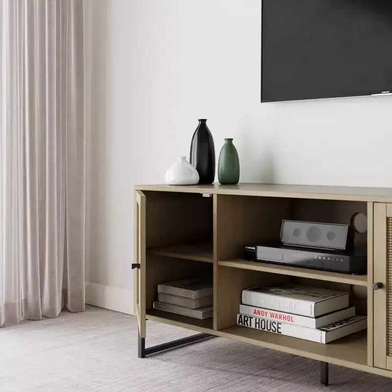 Nathan James 47" Mina, mobile TV in rattan e legno a 2 ante, per TV fino a 59", rovere chiaro/nero opaco: Consolle multimediale con vano portaoggetti