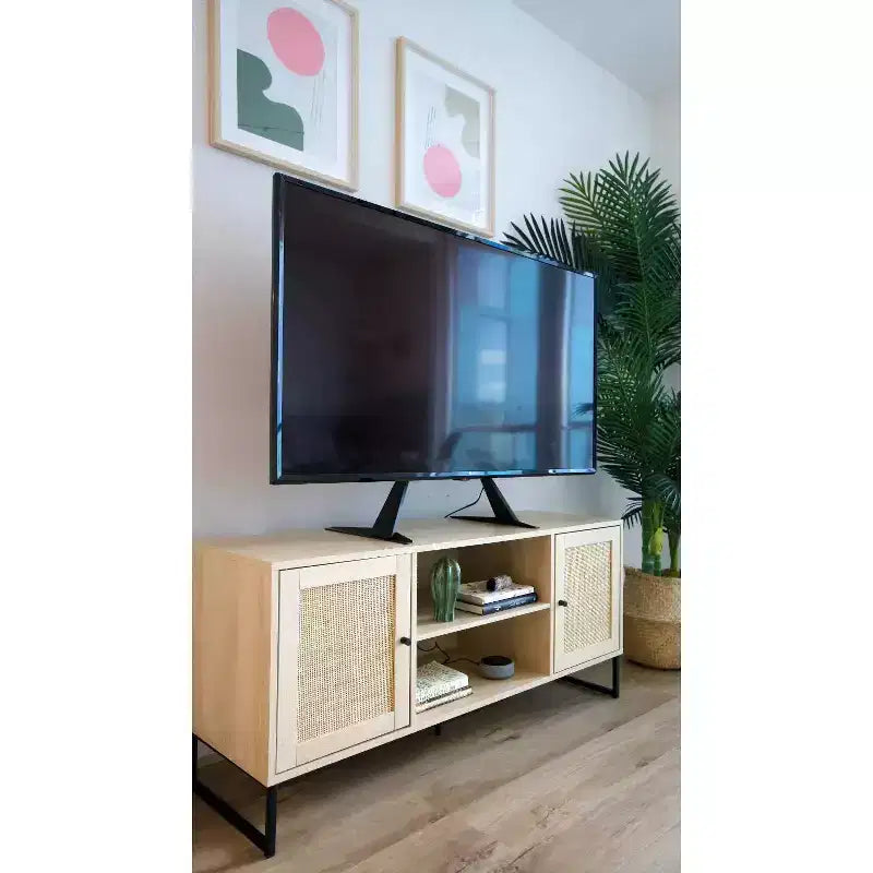 Nathan James 47" Mina, mobile TV in rattan e legno a 2 ante, per TV fino a 59", rovere chiaro/nero opaco: Consolle multimediale con vano portaoggetti