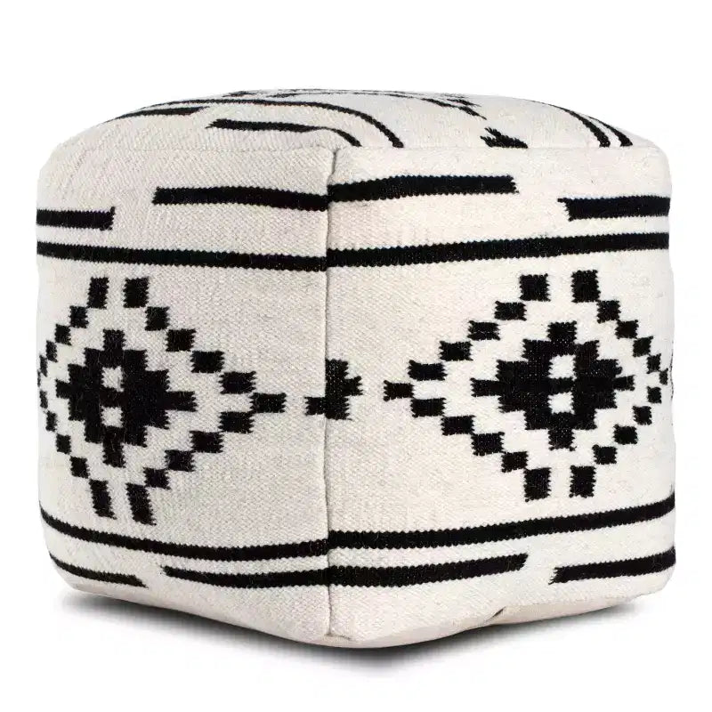 Noir Noor Pouf Nero/Bianco Geometrico - Anji Mountain: Lavorazione Artigianale, Quadrato, Lana e Cotone