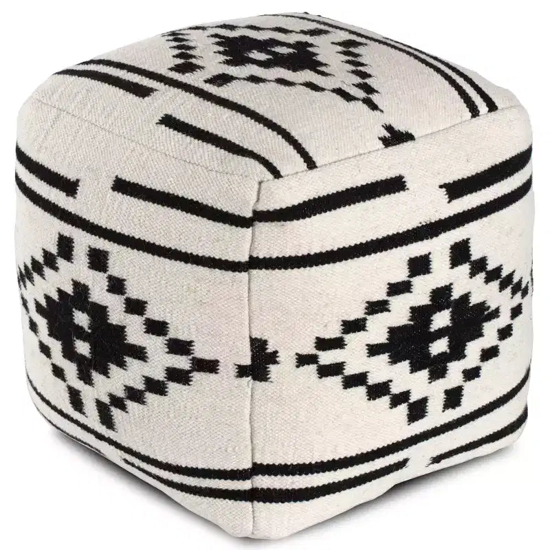 Noir Noor Pouf Nero/Bianco Geometrico - Anji Mountain: Lavorazione Artigianale, Quadrato, Lana e Cotone