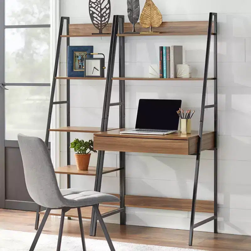 Buylateral 2pc Denton Ladder Desk and Shelf Walnut/Black: Leaning Shelf Desk with Open Storage, MDF & Metal Frame