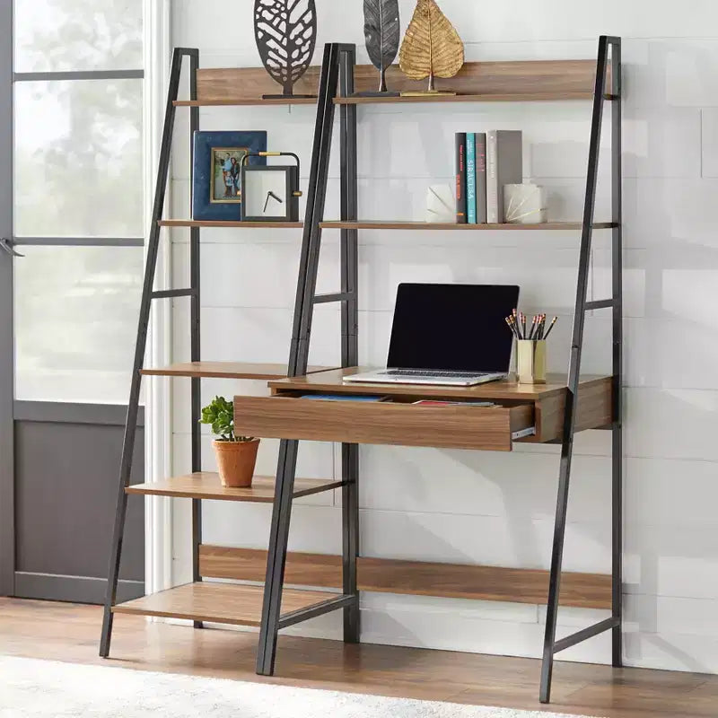 Buylateral Scrivania con Scala Denton 2 pz Noce/Nero: Scrivania con Mensola Inclinata con Vano a Giorno, MDF e Telaio in Metallo