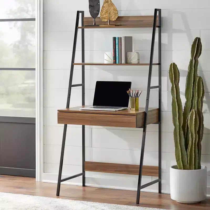Buylateral Scrivania con Scala Denton 2 pz Noce/Nero: Scrivania con Mensola Inclinata con Vano a Giorno, MDF e Telaio in Metallo