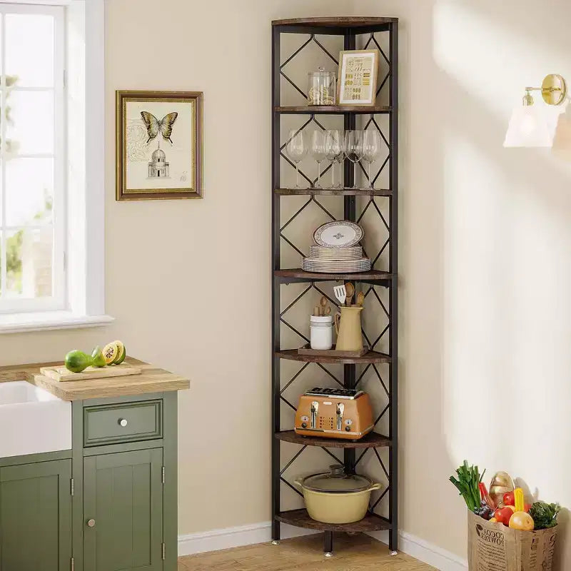 LITTLE TREE 78.7" 7 Tier Bookshelf Bookcase Brown/Black