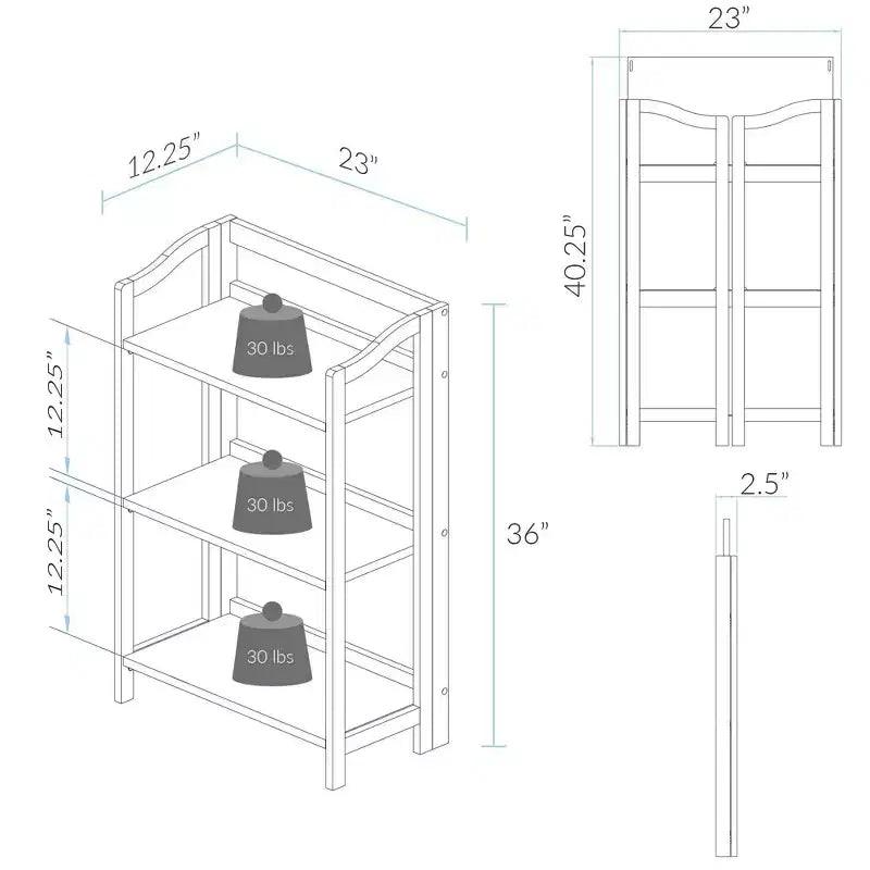 Libreria pieghevole Stratford 36" a 3 ripiani: Flora Home, legno mordenzato, ferramenta in acciaio, anti-ribaltamento