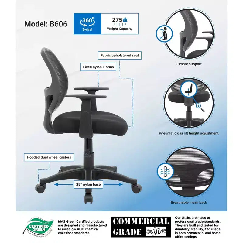 Sedia da Ufficio a Rete di Grado Commerciale con Braccioli a T Neri - Boss Office Products: Ergonomica, Regolabile, Girevole, con Rotelle