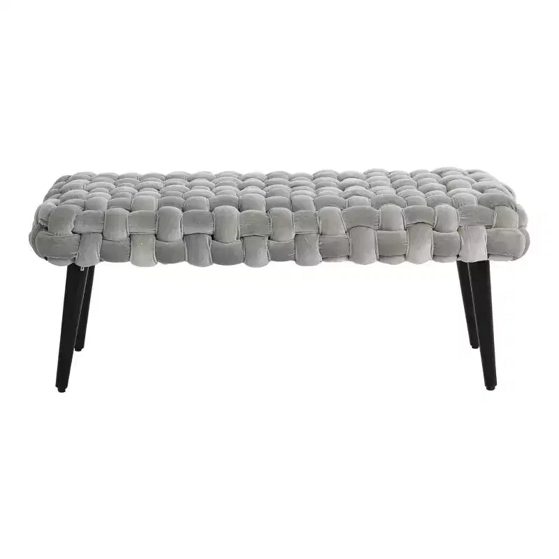 Panca da ingresso in velluto grigio Storied Home: Pouf imbottito, struttura in acacia, lunghezza 113 cm