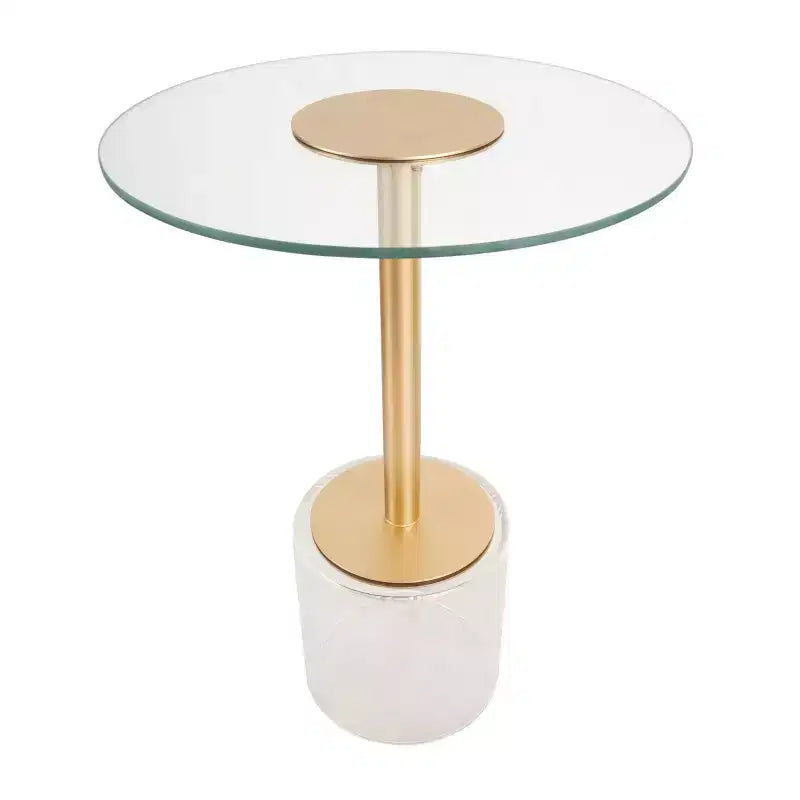 Tavolino d'appoggio in acrilico Olivia & May con base rialzata e supporto dorato, 56 cm, trasparente: tavolino rotondo moderno in vetro a vassoio Martini