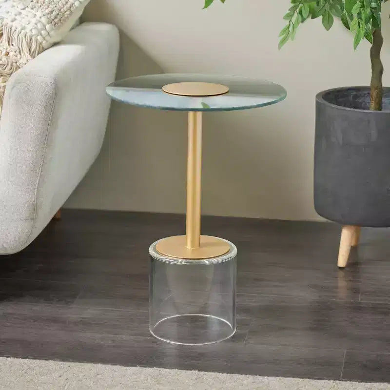 Tavolino d'appoggio in acrilico Olivia & May con base rialzata e supporto dorato, 56 cm, trasparente: tavolino rotondo moderno in vetro a vassoio Martini
