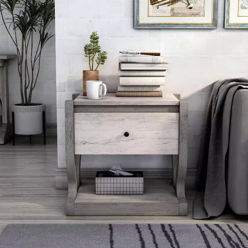 miBasics Brunswicke Tavolino portaoggetti da Comodino/Divano Transizionale a 1 Cassetto, Bianco Costiero: Contenitore per Camera da Letto, Design a Piedistallo