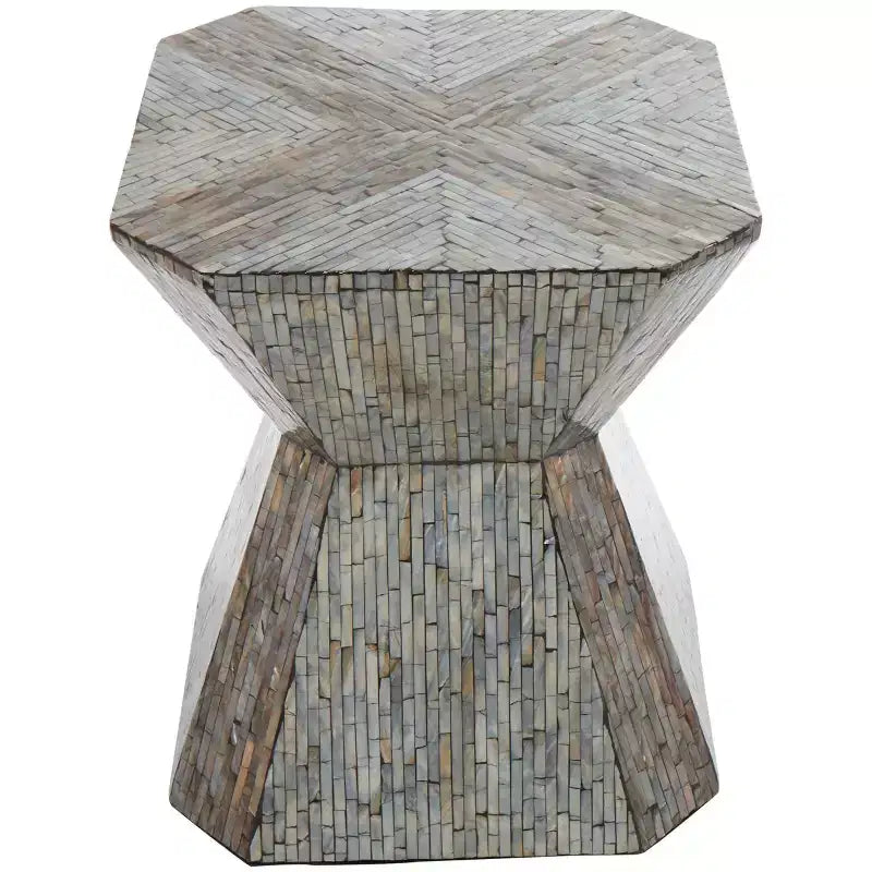 Olivia & May Tavolino d'Appoggio a Clessidra Geometrico in Madreperla con Motivo a Mosaico Lineare Grigio: Stile Bohemien, Nessun Montaggio Richiesto