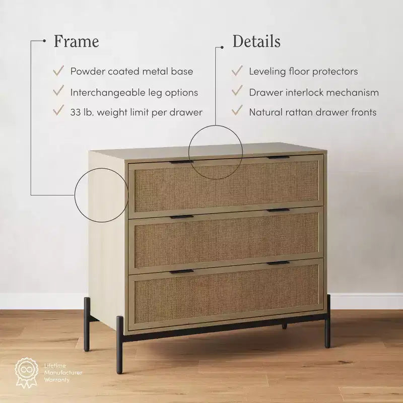 Nathan James Andrew Mobiletto contenitore a 3 cassetti con inserto in rattan naturale e gambe in metallo: Fascino bohémien, ampio spazio di archiviazione