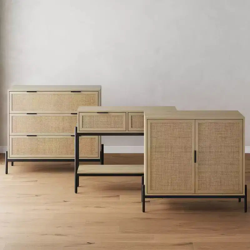 Nathan James Andrew Mobiletto contenitore a 3 cassetti con inserto in rattan naturale e gambe in metallo: Fascino bohémien, ampio spazio di archiviazione