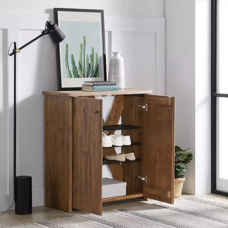 Alaterre Furniture 31" Bethel Mobile Contenitore Porta Scarpe in Legno di Acacia Naturale: Organizzatore Ingresso, Capacità 12 Paia