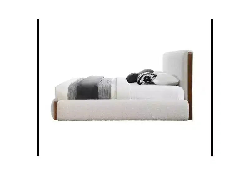 88,98" Letto King size Sandro Bianco Bouclé e Noce - Acme Furniture: Telaio in Legno Imbottito, Lino, Piattaforma