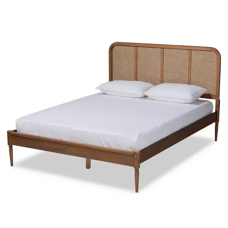 King Elston Wood & Synthetic Rattan Platform Bed Brown/Ash Walnut - Baxton Studio: Mid-Century Design, Turned Legs