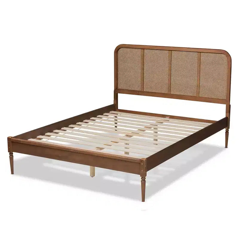 Letto a piattaforma King Elston Wood e rattan sintetico marrone/noce cenere - Baxton Studio: design di metà secolo, gambe tornite