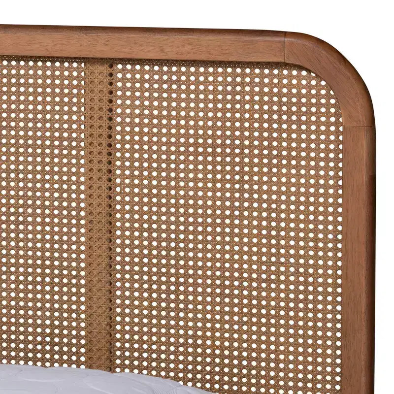 Letto a piattaforma King Elston Wood e rattan sintetico marrone/noce cenere - Baxton Studio: design di metà secolo, gambe tornite