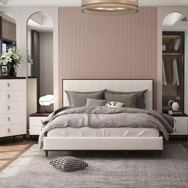 64,25" Letto Queen Carena Letto Tessuto Grigio Chiaro Finitura Bianco Marrone - Acme Furniture: Testiera Imbottita, Struttura in Legno, Richiesto Box Spring