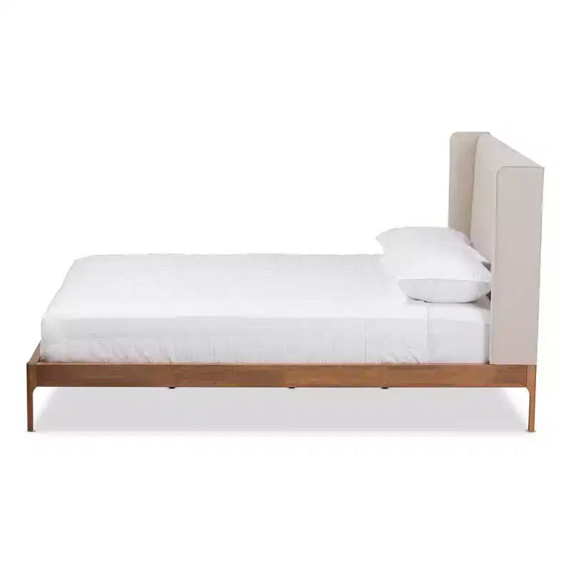 Brooklyn Letto Imbottito Beige in Tessuto e Legno di Noce Stile Mid-Century - Baxton Studio