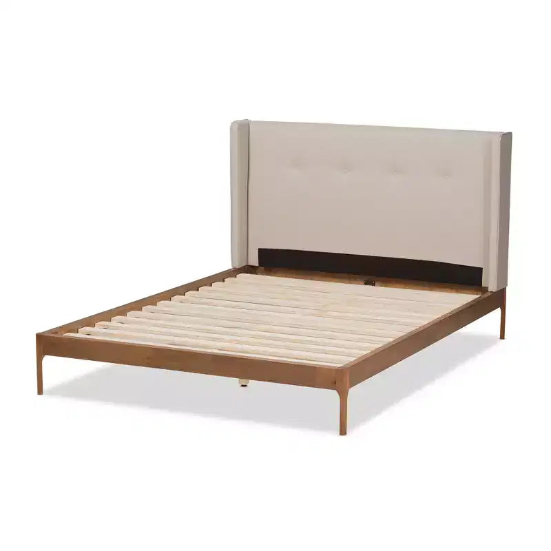 Brooklyn Letto Imbottito Beige in Tessuto e Legno di Noce Stile Mid-Century - Baxton Studio