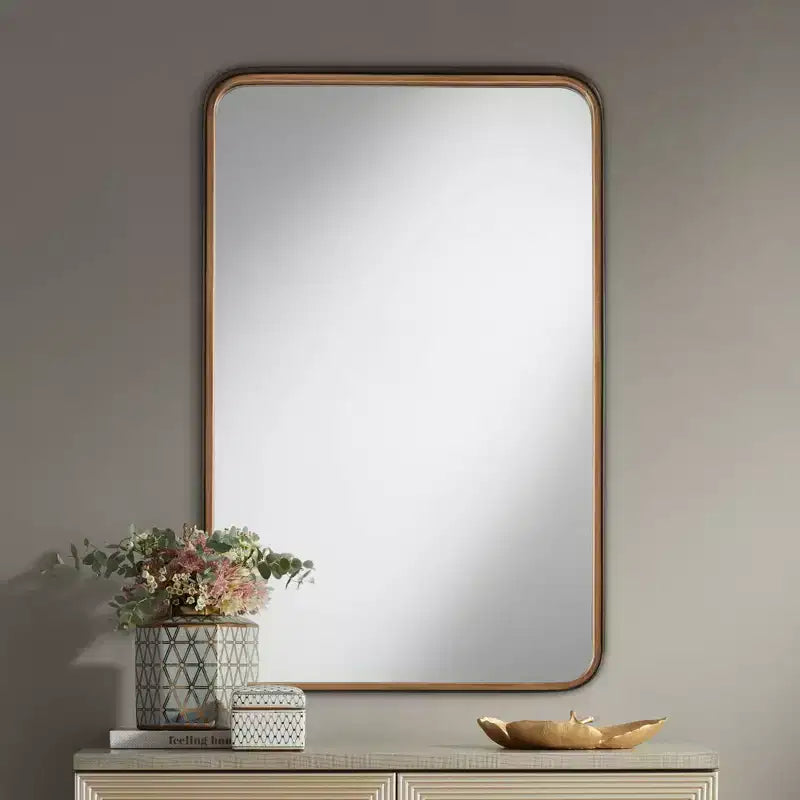 Specchio decorativo rettangolare da parete Uttermost Andi, moderno, in vetro smussato, con cornice in ferro nero e oro, largo 61 cm, per bagno, camera da letto, casa, ingresso